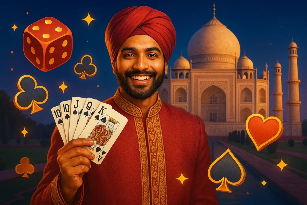 Smiling man in traditional Indian attire holding playing cards in front of the Taj Mahal with casino symbols like dice and suits floating around - representing online casino gaming in India