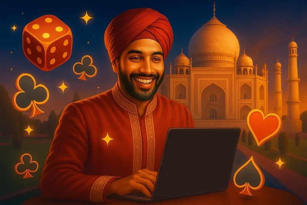 Smiling man in traditional Indian attire using a laptop in front of the Taj Mahal with floating casino symbols, representing online casino gaming and betting in India